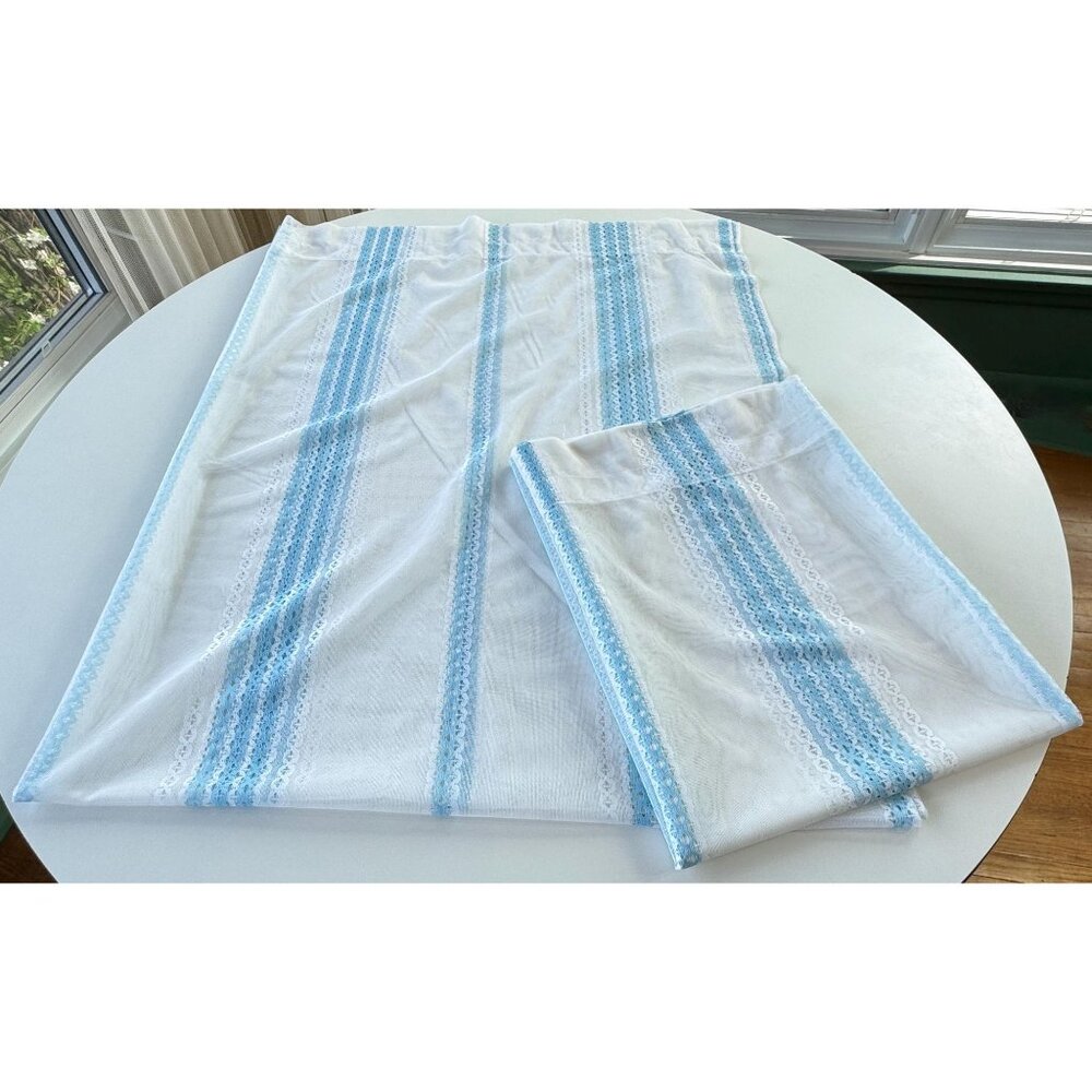 Vintage 80s mesh curtain, white, powder blue vertical stripes, open weave, for 1